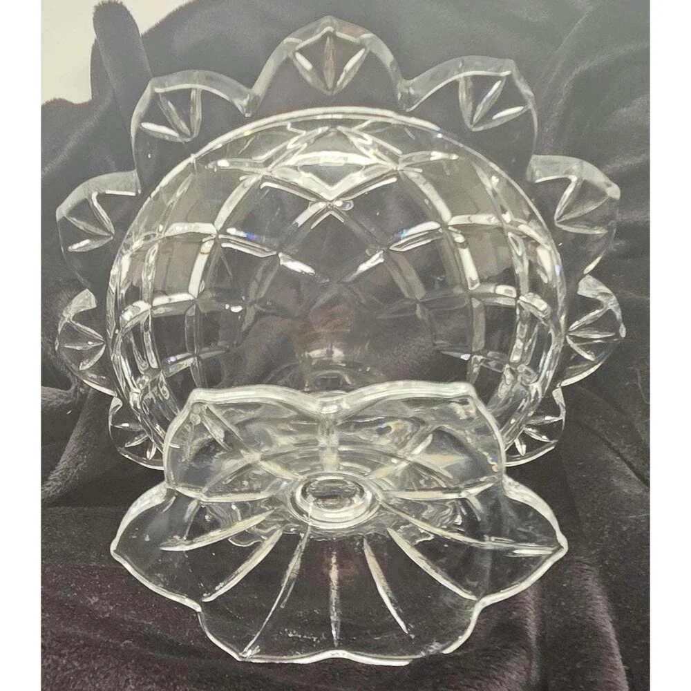 Vintage Polonia Crystal Pedestal Compote Candy Dish 24 Lead Crystal Petal Edge